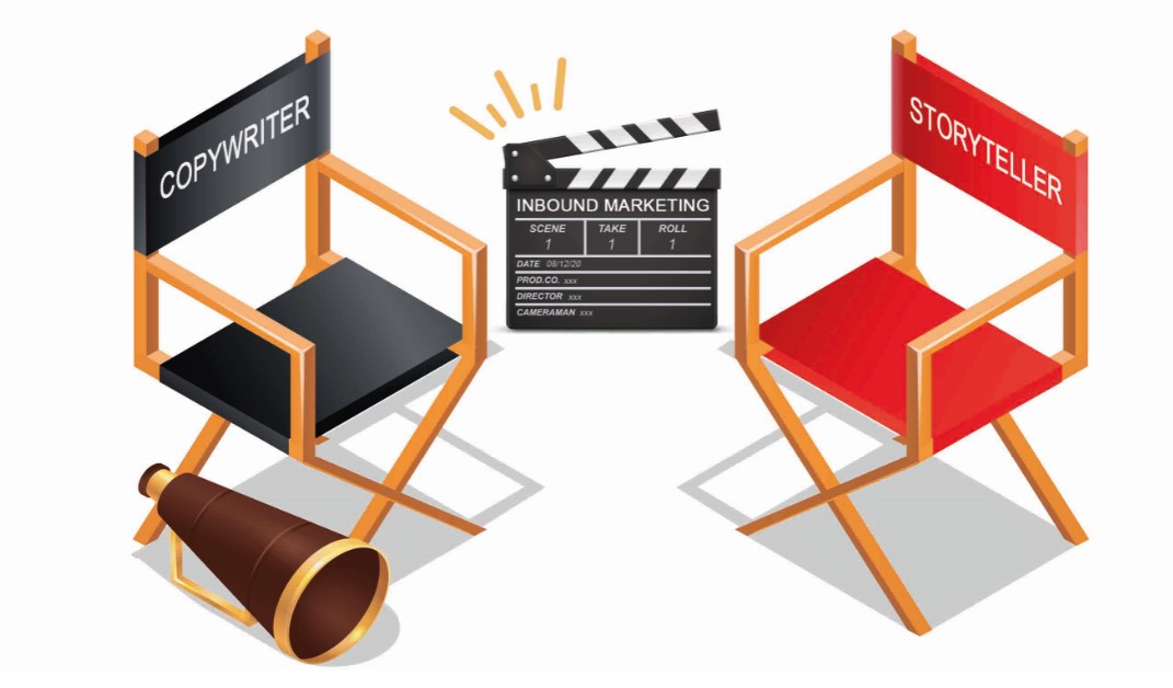 Deux chaises d'acteurs se font face. Sur la chaise noire à gauche est inscrit « copywriter » et sur la chaise rouge à droite est inscrit « Storyteller ». Entre les deux chaises, un clap de fin de film. Le titre de film mentionné est « Inbound marketing - Acte 1 - scène 1 ». Sous la chaise noire du copywriter est posé un mégaphone utilisé par les réalisateurs de film.